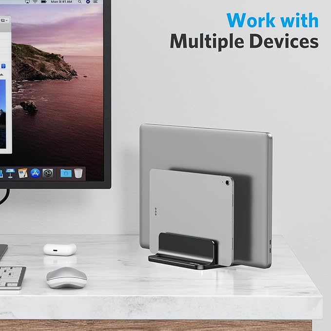 OMOTON Vertical Laptop Stand [Updated Double Version], Desktop Aluminum Mac Book Stand with Adjustable Dock Size, Fits All Mac Book, Surface, Chrome Book and Gaming Laptops (Up to 17.3 inch) (Black)