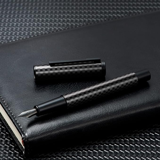 Hongdian Carbon Fiber Fountain Pen Fine Point, Slim Style with Converter and Metal Pen Case, The Light of Hope Serise