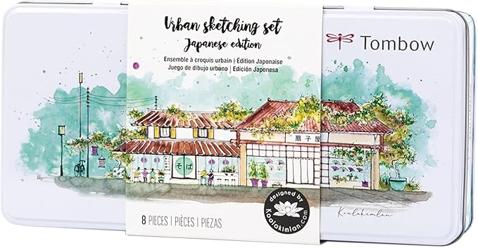 Tombow 56305 Urban Sketching Set, 8-Piece Art Set with Dual Brush Pens, Colored Pencils, Water Brush, Mechanical Pencil, Drawing Pen