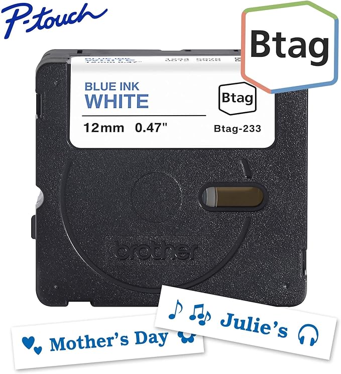 Brother Genuine P-Touch Btag BTAG233 Blue on White Label Tape ~1/2in by 13.1ft (12mm x 4m). (Works Only with Brother PT-N10, PT-N20, PT-N25BT Label Makers)
