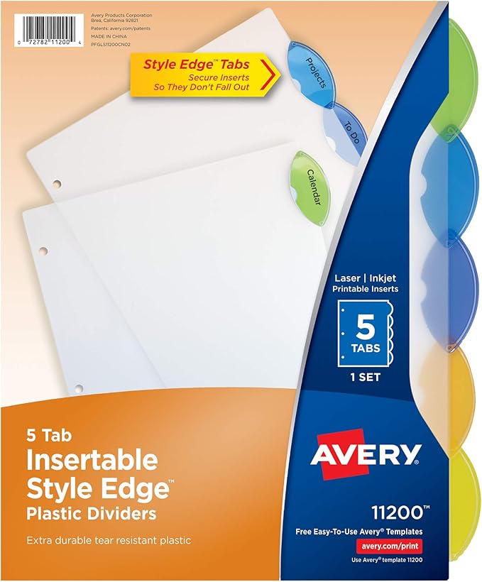 Avery Insertable Style Edge Plastic Dividers for 3 Ring Binders, 5-Tab Set, Multicolor, 1 Set (11200)