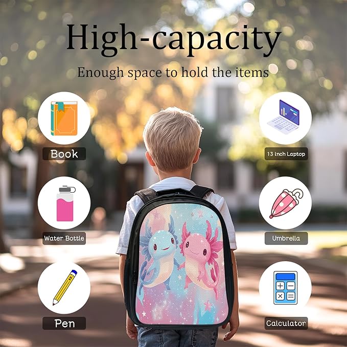 Cute Axolotl Backpack Set 3 Piece School Bags and Lunch Box with Pencil Case Pink Blue Axolotl Bookbag Set for Toddler Kids Girls Boys Teens Kindergarten Elementary Middle