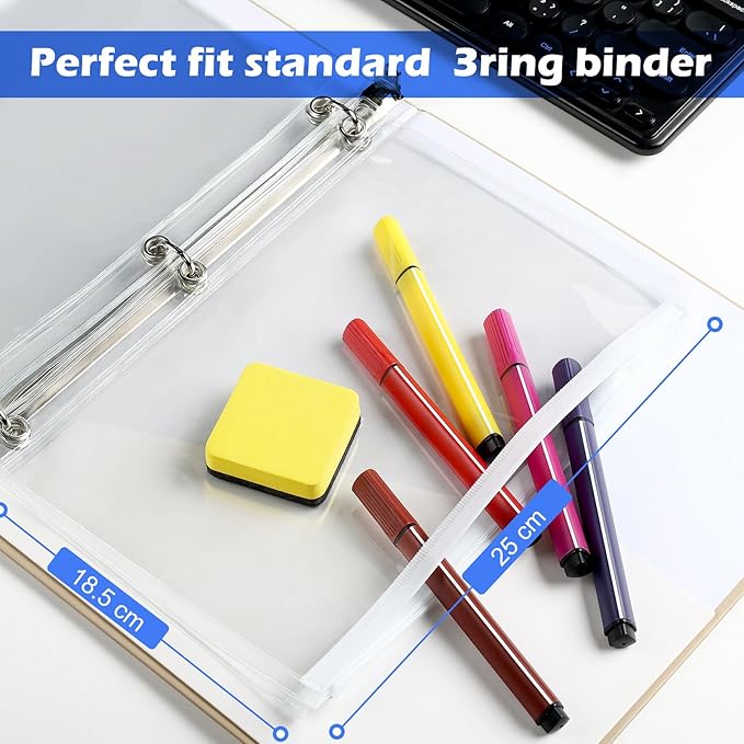 Lincia 24 Pack Clear Pencil Pouch for 3 Ring Binder Pencil Case with Zipper 3 Ring Binder Pocket Insert Bag 10 x 7'' Visible Cash Envelope with Re-enforced Grommet for Office (White,Clear)