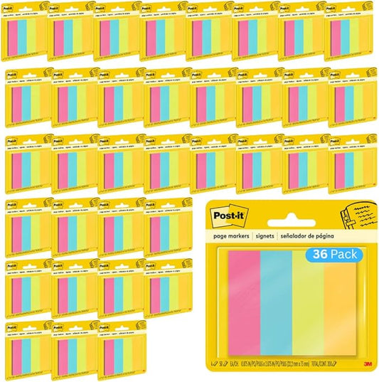 3M 6714AU Post-It Page Markers, Assorted Brights, 50 Strips/Pad, 4 Pads/Pack (36 Pack)