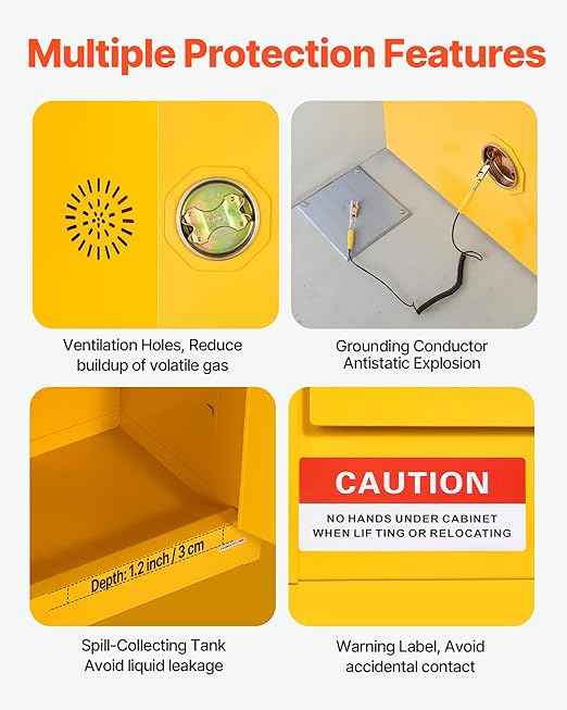 VEVOR Flammable Cabinet 18" x 24" x 65", 13 Gallon Flammable Storage Cabinet with Adjustable Shelf, Cold-Rolled and Galvanized Steel Fire Cabinets, for Commercial Industrial Home Use, Yellow