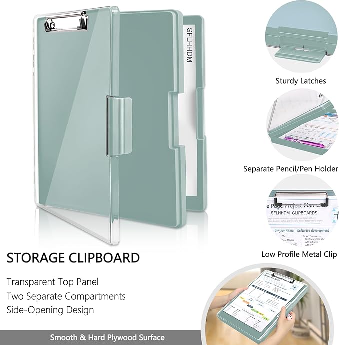 SFLHHDM Clipboard with Storage,Heavy Duty Clip Boards 8.5x11 with 2 Storage Case,Clear Visible Panel Storage Clipboards,Side Opening Nursing Clipboard Folder for Office Supplies-Dark Green