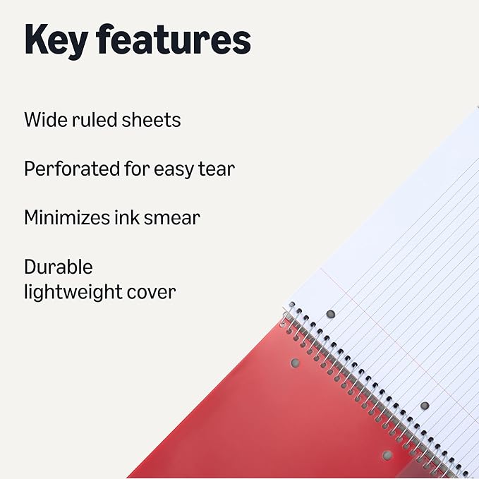 Amazon Basics Wide-Ruled Spiral Notebook with Pocket Divider, Poly Cover, For Work and School, 100 Sheets, 8.5" x 10.5", Assorted Primary Colors, 3-Pack