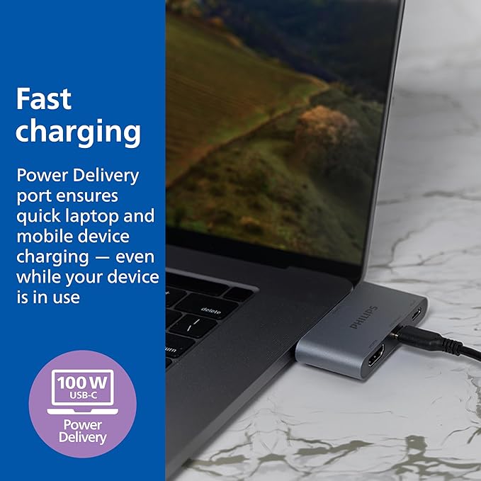 Philips USB-C Multiport Hub, with 4K HDMI Display, 10bps and 2 5Gbps USB-A Data Ports, 100 Watt Power delivery, Multi Device Connector, for Phone, Tablet or Laptop, Gray/Silver, SWL3303M/37