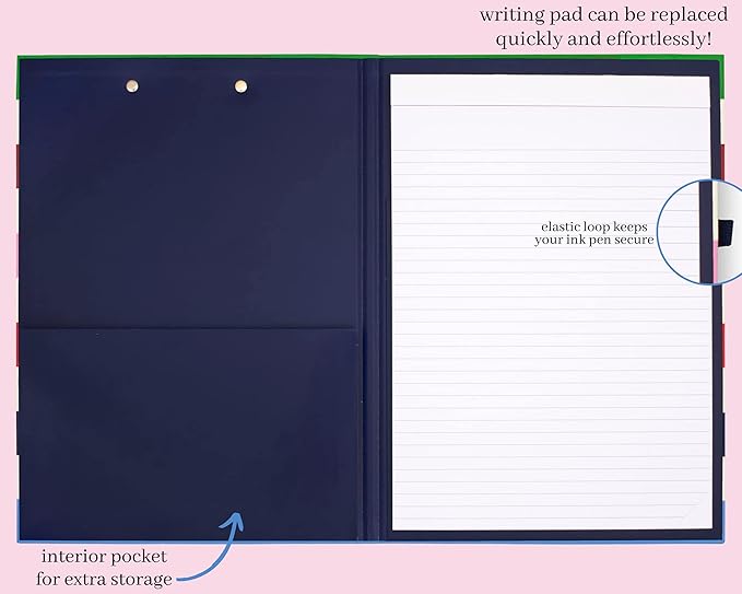 Kate Spade New York Clipboard Folio with Low Profile Clip, Professional Padfolio Includes Lined Notepad, Pen Loop, and Pocket, Adventure Stripe (237048)