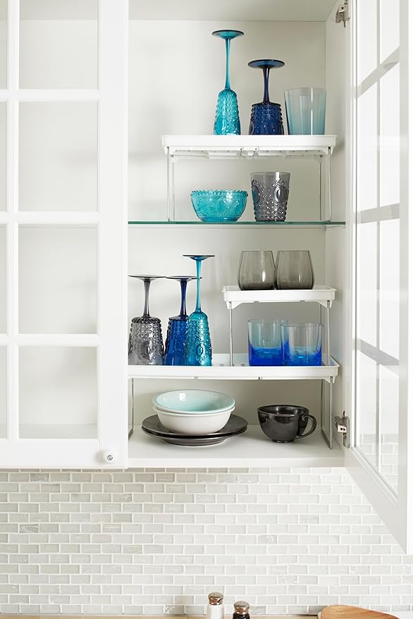 madesmart Small Stacking Shelf, Organizer for Spices, Make-Up, Bottles & Jars, Collapsible Legs for Cabinet or Counter Storage, White