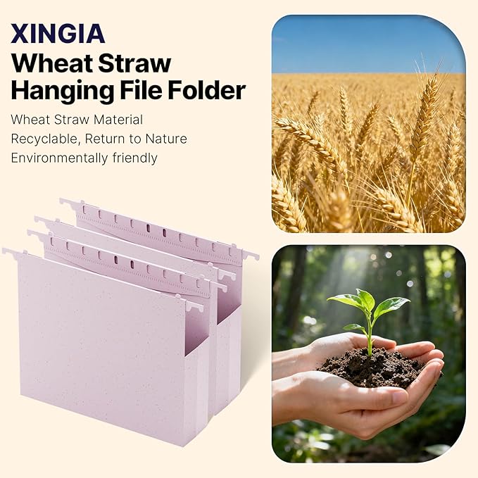 XINGIA Letter Size Hanging File Folders with Tabs,2'' Expansion,12 Pack Heavy Duty Wheat Straw Plastic Hanging Folder,Extra Capacity Filing Cabinet Folders,File Organizer for File Box(Morandi Purple)