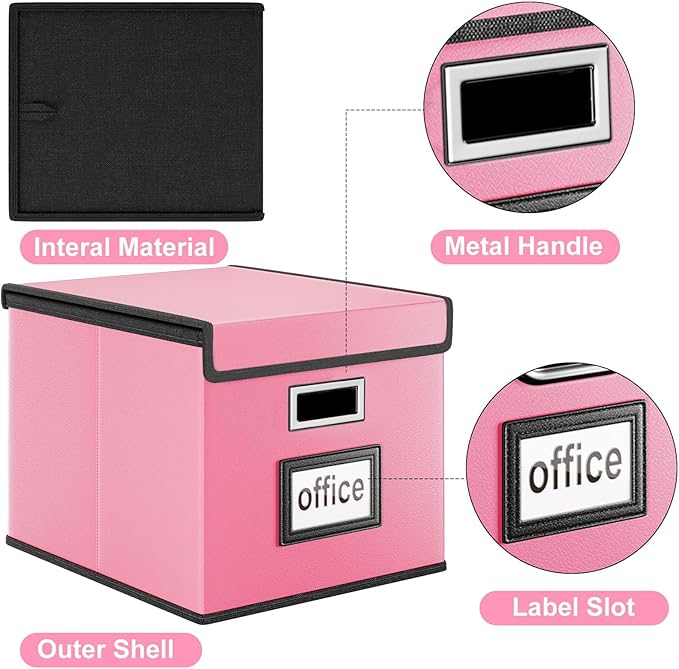 Huolewa Portable Leather File Organizer Storage Boxes, Collapsible File Folder Organizer Boxes with Lids, Document Organizer, Decorative Filing Box Cabinet for Letter/Legal File Folder Storage
