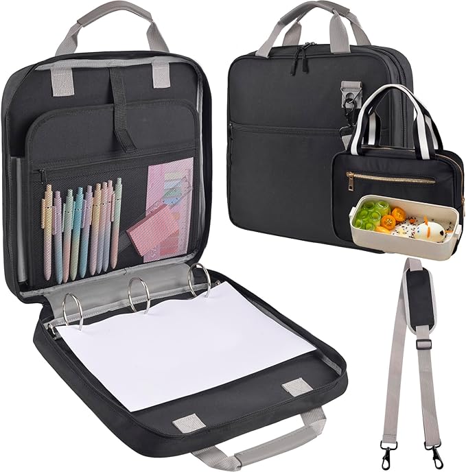 ChezMax Zipper Binder 3 Ring with Lunch Box - Zipper Binder Organizer Bag with Shoulder Strap & Handle, 2 Inch O Ring Binders, Large 500 Sheet Capacity & Multi-Pocket Binders Bag Organizer, Black