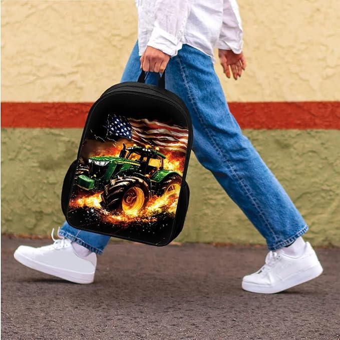 CLOHOMIN Fire Tractor Backpack and Lunchbox for Kids Boys American Flag School Bag Set of 3 with Lunch Bag Pencil Case Age 10-12 Elementary Book Bag and Lunch Tote for Girls 5th Grade