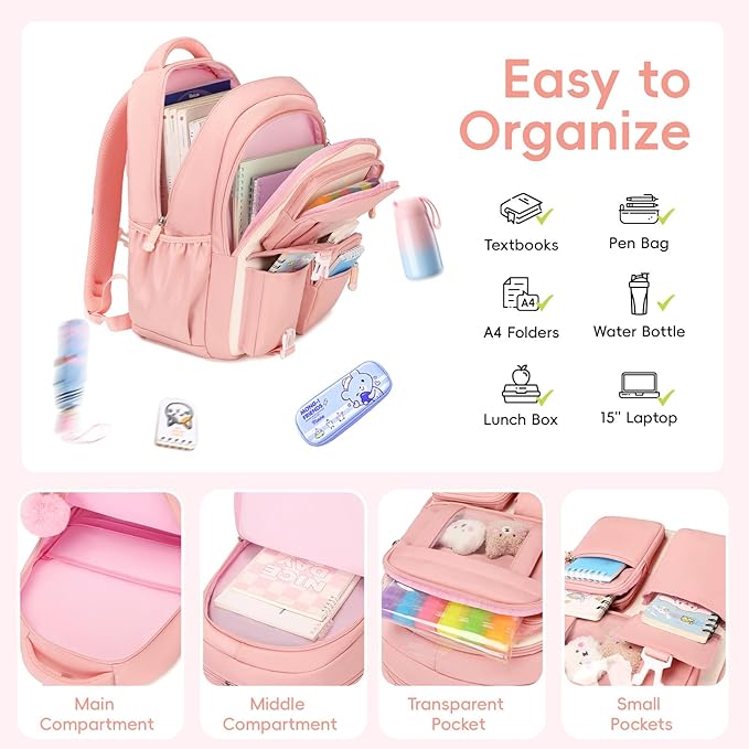 Girls Backpack with Lunch Box 3Pcs, Kawaii School Bag Set for Kid Elementary Middle School, Multi-Pocket Cute Laptop Bookbag Lightweight, Pink