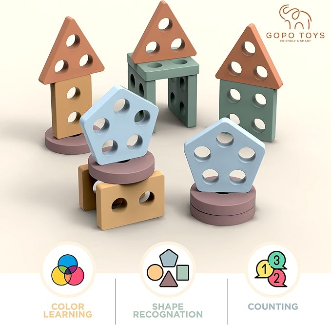 GOPO TOYS Montessori Toys for 1+ Year Old – Wooden Shape Sorter & Stacking Puzzle – Toddler Learning, Fine Motor Skills & Developmental Toy for Boys & Girls