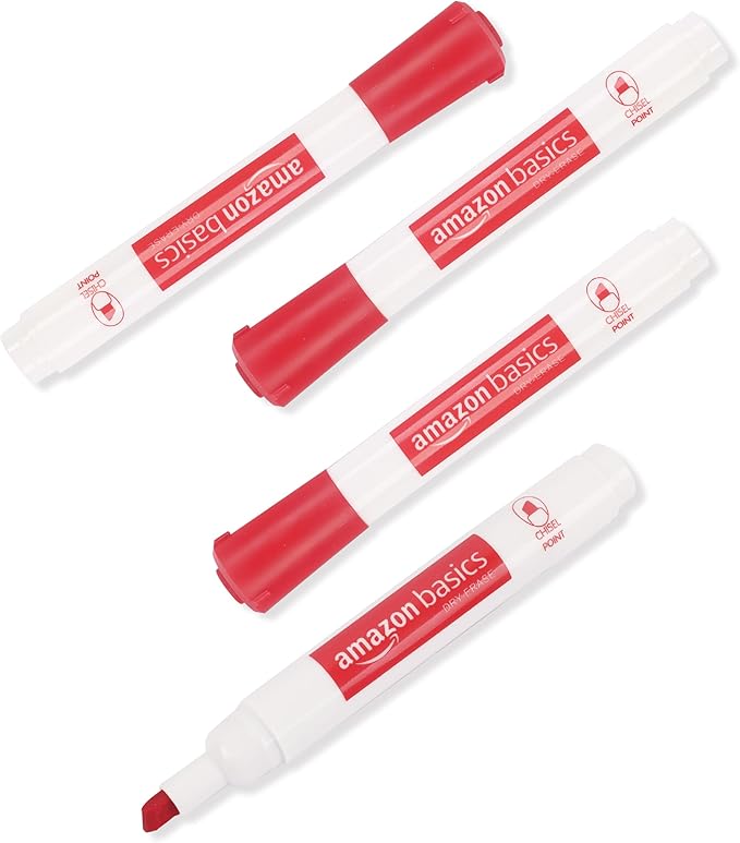 Amazon Basics Dry Erase Whiteboard Markers, Chisel Tip, Low-Odor, Red, 12-Pack, For Writing on Whiteboards