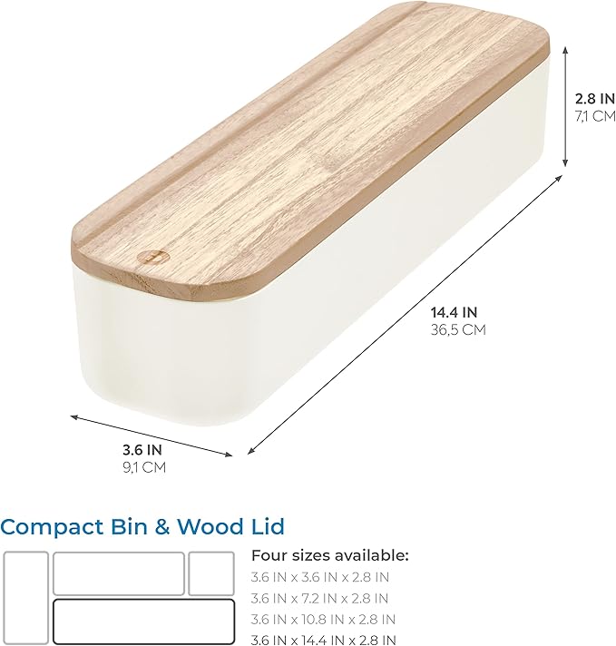 iDesign Recycled Plastic Storage Compact Drawer Organizer Bin with Paulownia Wood Lid, 3.6" x 14.4" x 2.4", Coconut