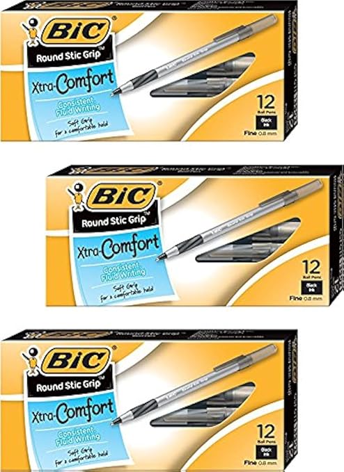 BIC Round Stic Grip Xtra Comfort Ball Pen Fine Point .8mm Black 3DOZEN GSFG11-BE