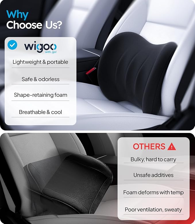 Wigoo 2026 Car Neck Pillow and Lumbar Support Pillow for Car Kit [Ergonomic Design, Pressure Relief] Soft Car Headrest Pillow Back Cushion with Adjustable Strap, Fits All Vehicles (Black)