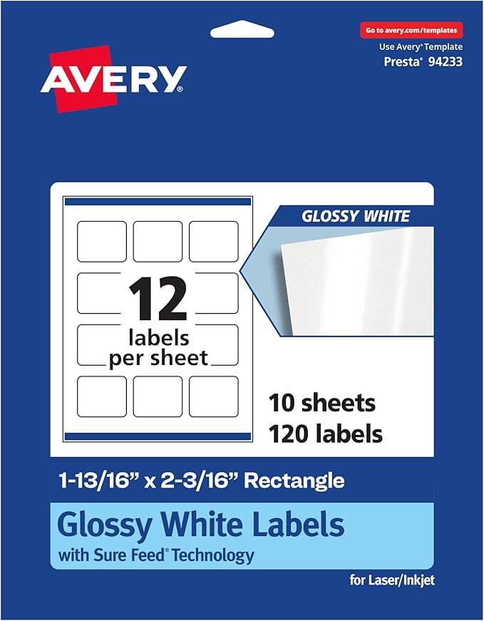 Avery Glossy White Rectangle Labels, Sure Feed Technology, 1-13/16" x 2-3/16", 120 Glossy White Labels, Print-to-The-Edge, Permanent Adhesive, Laser/Inkjet Printable