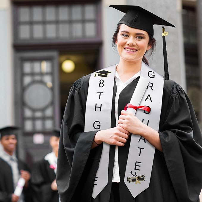 2 Pcs 5th 8th Grade Graduation Cap and Stole, Class of 2026 Graduation Sash Cap Stole Kindergarten Grad Gifts