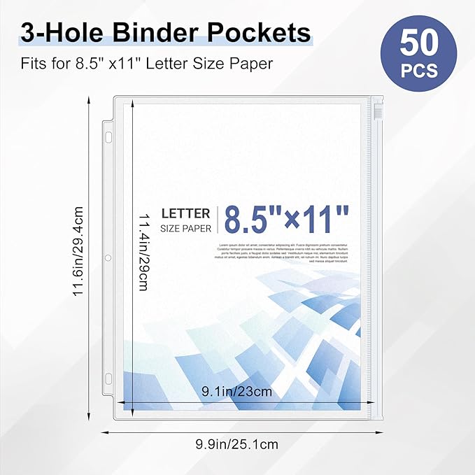 Antner 50pcs Letter Size Binder Pockets for 3 Ring Binder, White Zipper Document Organizer Pouches Heavyweight PVC 3-Hole Loose Leaf File Folders Page Sheet Protectors Side-Loading for Home Office