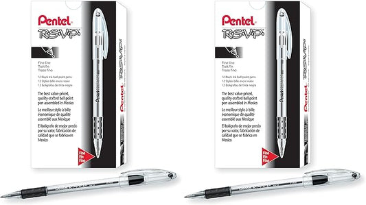 Pentel RSVP Ballpoint Pen, Fine Line, (0.7mm), Black Ink (BK90-A),12 Count (Pack of 2)