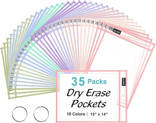 SUNEE 35 Packs Oversized Reusable Dry Erase Pocket Sleeves with 2 Rings, 10 Morandi Colors 10x14 Ticket Holders, Clear Plastic Sheet Protectors, Teacher School Classroom Supplies