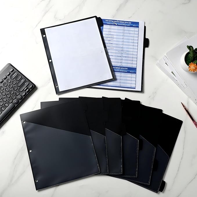Epakh 12 Pcs Binder Dividers for 3 Rings Binders Index Dividers with Two Clear Pockets Plastics Sheets Protectors with Tab Labels for School Office Organization (Black)