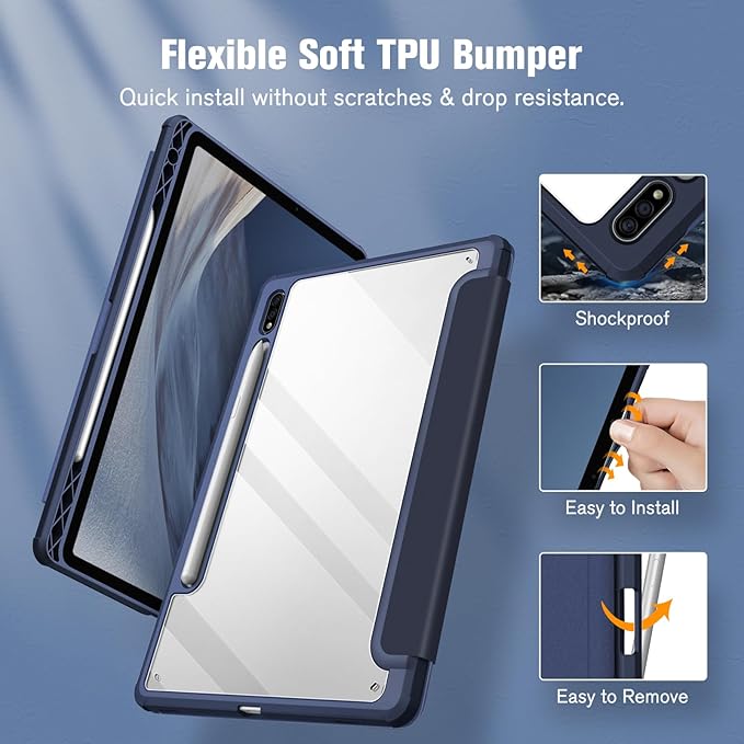 Fintie Hybrid Slim Case for Samsung Galaxy Tab S8/Tab S7 11 Inch (Model SM-X700/X706/T870/T875/T878) with S Pen Holder, Shockproof Cover with Clear Transparent Back Shell, Navy