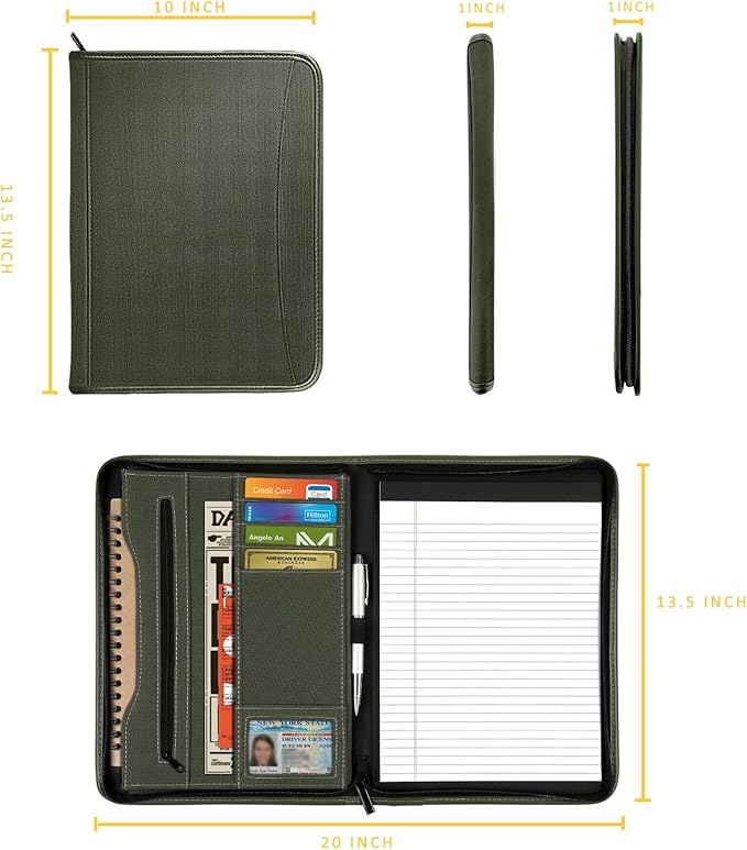 Zippered Portfolio Organizer/ A4 Refillable Lined Writing Notepad Folder Case/Fabric-Covered Padfolio Binder with Interior Storage Pocket for Men Women.Dark Olive