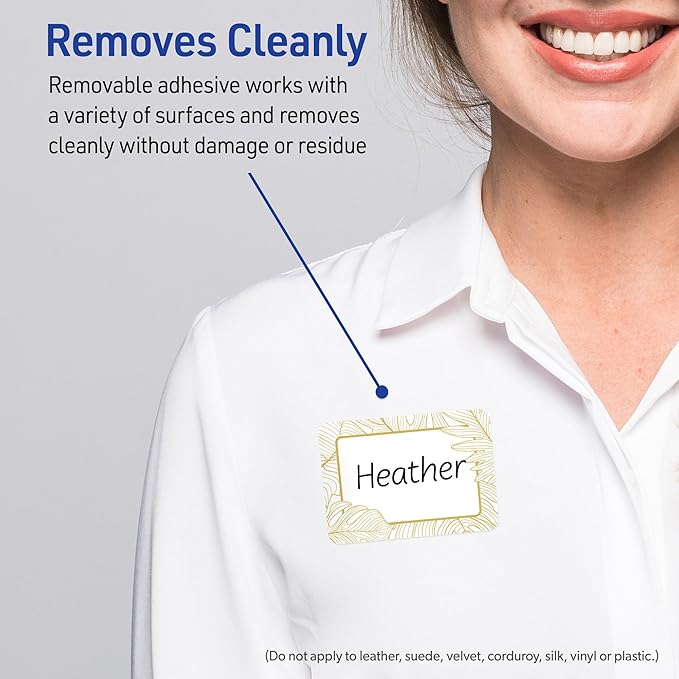 Avery Printable Rectangle Adhesive Name Badges, Pre-Printed Gold Florals, Matte White, 2-1/3" x 3-3/8", Laser & Inkjet Compatible, 80 Total, Great for Branding, Marketing, and Events