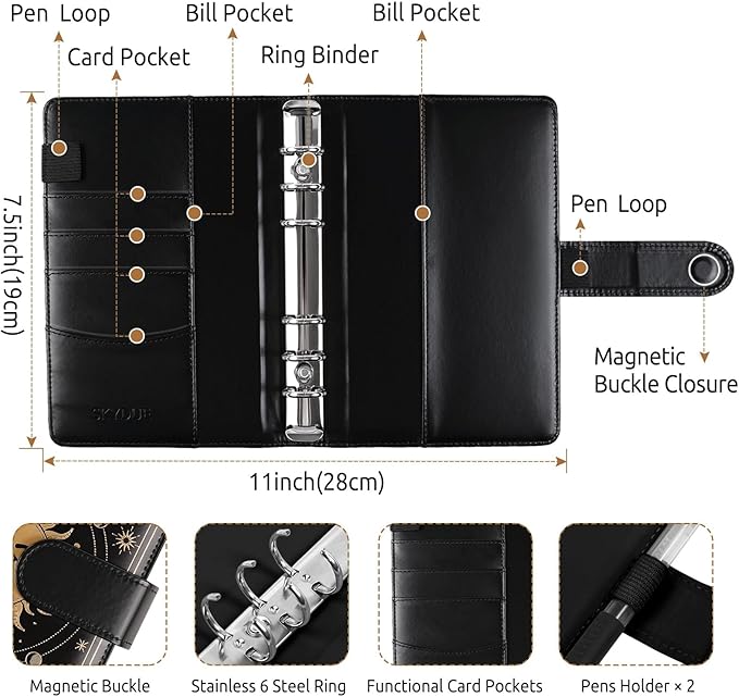SKYDUE Budget Binder, Money Saving Binder with Zipper Envelopes, Cash Envelopes and Expense Budget Sheets for Budgeting (Black Golden)