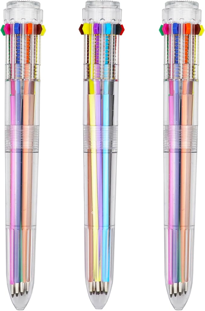 HeTaoCat Multicolor Pens 3 Pack 0.5mm 10-in-1 Retractable Ballpoint Pens - 10 Colors Transparent Barrel Ballpoint Pen for Office Supplies (Transparent)