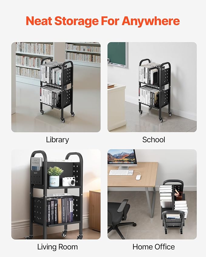VEVOR Rolling Library Book Cart, 150 lbs Capacity, 17.7 x 13.0 x 34.6-Inch Library Cart, Double Sided L-Shaped Shelves with 2-Inch Lockable Wheels, Book Truck for Home Shelves Office and School, Black