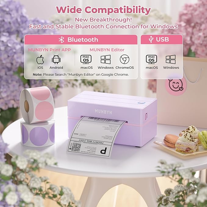 MUNBYN 130B Bluetooth Thermal Label Printer+2 Inch Lavender Purple Circle Thermal Sticker Labels+Purple Label Holder