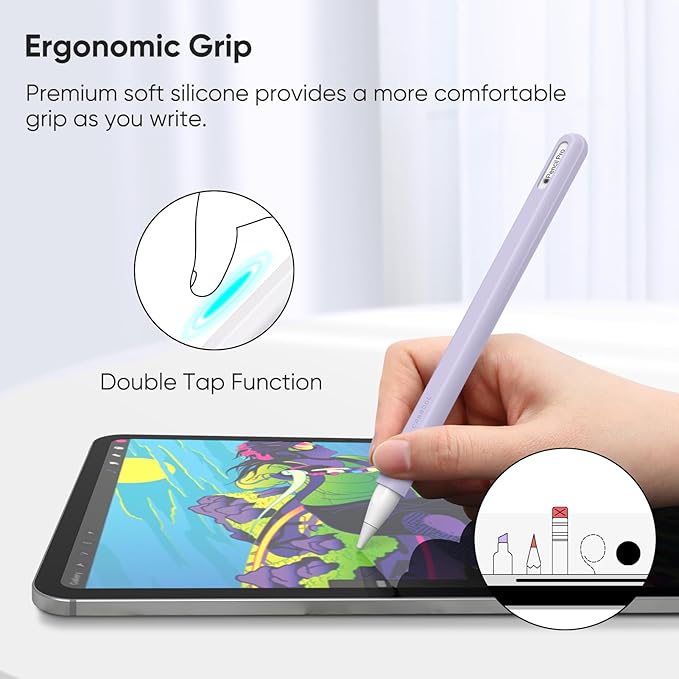 Fintie Silicone Sleeve for Apple Pencil Pro & Apple Pencil 2nd Generation, Light Pen Skin Case Cover Soft Protective Grip Holder with 2 Nib Covers Accessories, Lilac Purple