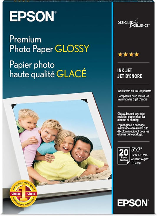Epson S041464 Premium Photo Paper, 68 lbs., High-Gloss, 5 x 7 (Pack of 20 Sheets)
