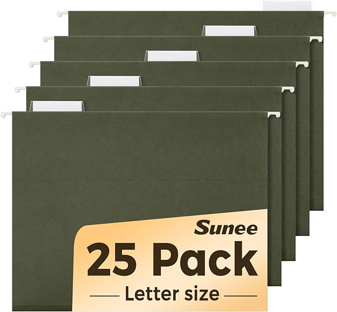 SUNEE Hanging File Folders, 25 Pack Reinforced Hang Folders Letter Size, Adjustable 1/5-Cut Tabs, Designed for Bulky Files, Filing Cabinet, Standard Green