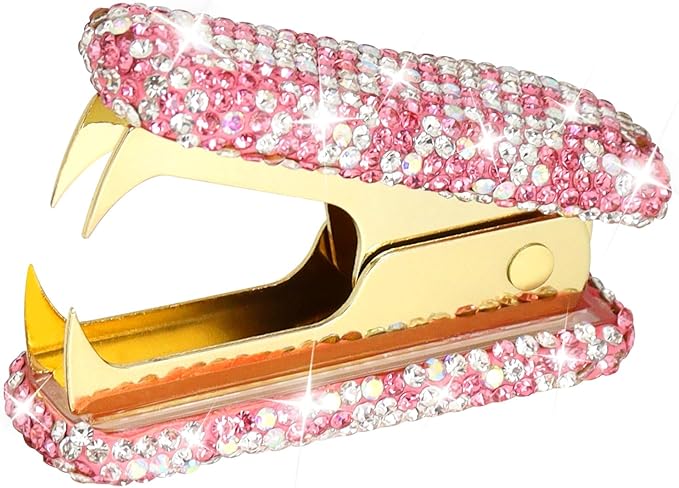 Multibey Rhinestone Staple Remover, Handmade Bling Crystal Gold Cute Staple Puller Tool for Desk, Dazzling Staples Puller Tool Mini Office Supplies & Desk Accessories for Women Office (Pink)