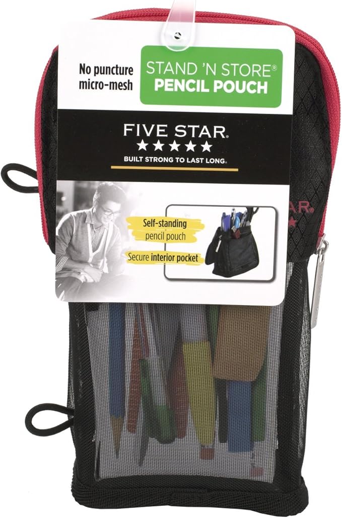 Five Star Pencil Pouch, Pen Case, Fits 3 Ring Binder, Stand 'N Store, Black/Hot Pink (50516)
