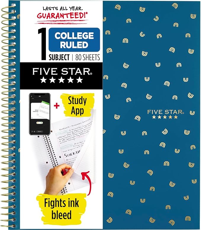 Five Star Spiral Notebook + Study App, 1 Subject, College Ruled Paper, 8-1/2" x 11", 80 Sheets, 1 Count, Selected Design Will Vary (820156F)
