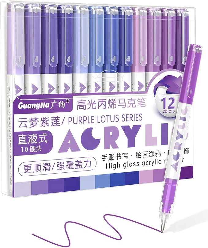 Guangna Purple Acrylic Gel Pens 12 Color, Colored Pens for Journaling, Coloring Books, Calligraphy, Note Taking & DIY Crafts, RollerBall Pen Tip