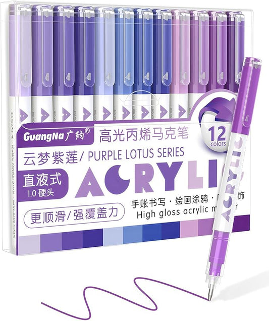 Guangna Purple Acrylic Gel Pens 12 Color, Colored Pens for Journaling, Coloring Books, Calligraphy, Note Taking & DIY Crafts, RollerBall Pen Tip