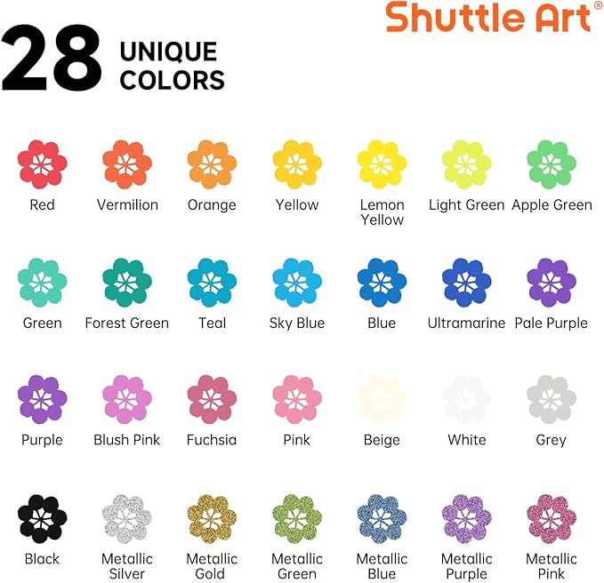 Shuttle Art 28 Colors Dual Tip Acrylic Paint Markers, Brush Tip and Dot Tip Acrylic Paint Pens for Rock, Ceramic, Wood, Canvas, Plastic, Glass, Stone, Calligraphy, Card Making, Crafts & Nail Art