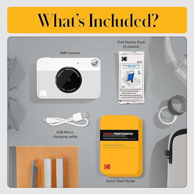 Kodak Printomatic Full-Color Instant Print Digital Camera - 75 Sheets Bundle - Prints On Zink 2x3 Sticky-Back Photo Paper - 5MP, Portable, Creative Fun Gift for Birthday, Christmas, Holiday - Grey