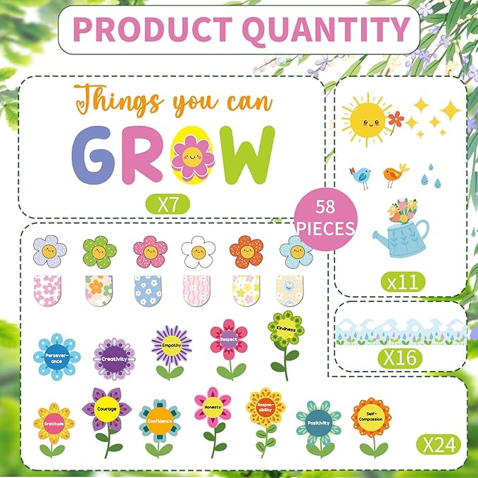 52Pcs Spring Bulletin Board Decorations Things You Can Grow Posters Bulletin Borders Inspirational Positive Paper Cutouts for Classroom School Home Library Office Window