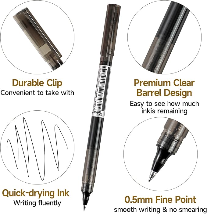 RIANCY Black Fine Point Gel Pens 12Pcs 0.5mm Gel Ballpoint Pens Black Liquid Ink Pens No Smear No Bleed, Smooth Writing Pen for Journaling Note Taking Drawing Sketching Coloring Office School Supplies