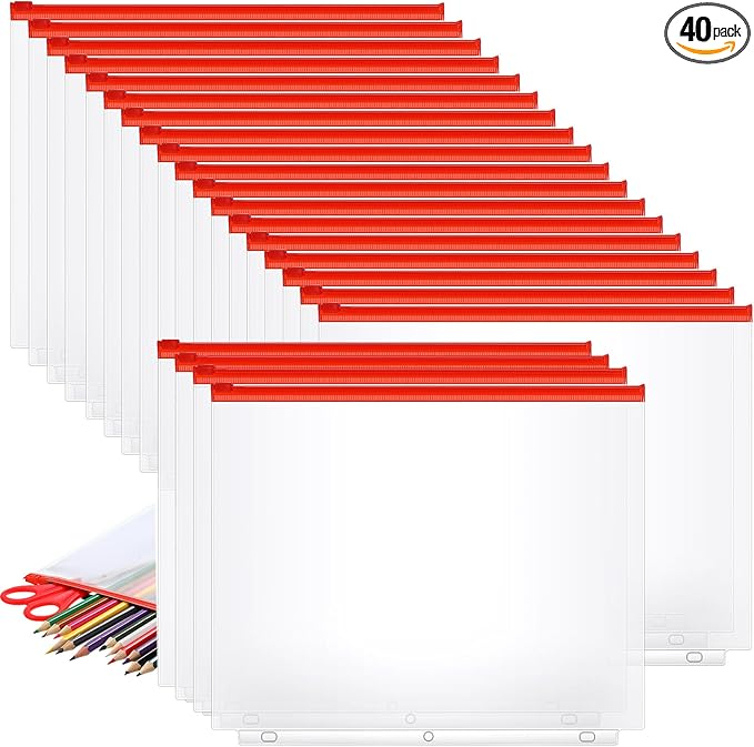 40 Pieces Binder Pockets 3 Hole Zipper Pouch 3 Ring A4 Pockets with Zipper Binder Folders Plastic Pouches Loose Leaf Bags Waterproof PVC Document Filing Bag(Red,A4)